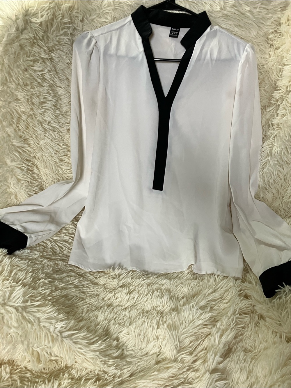 SHEIN White Blouse with Black Contrast V-Neck Trim